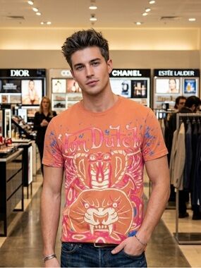 Von Dutch Vibrant Orange Tee with Tiger and Snake